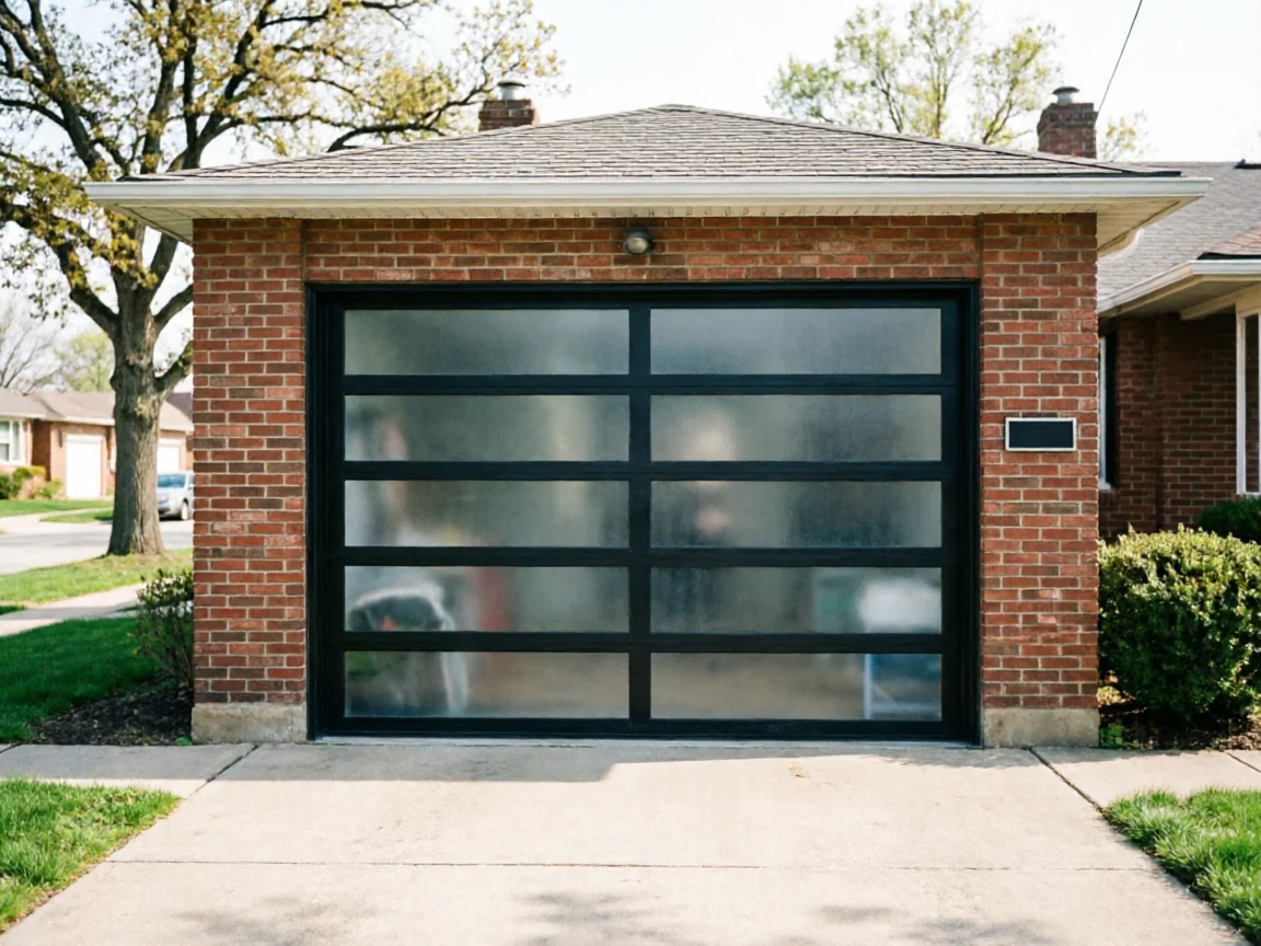 A modern black garage door with frosted glass panels on a brick garage.