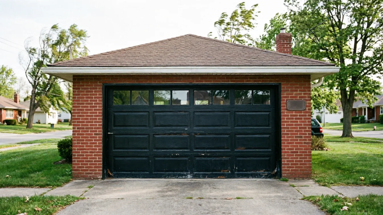 A black garage door with windows is on a brick garage with a brown roof.
