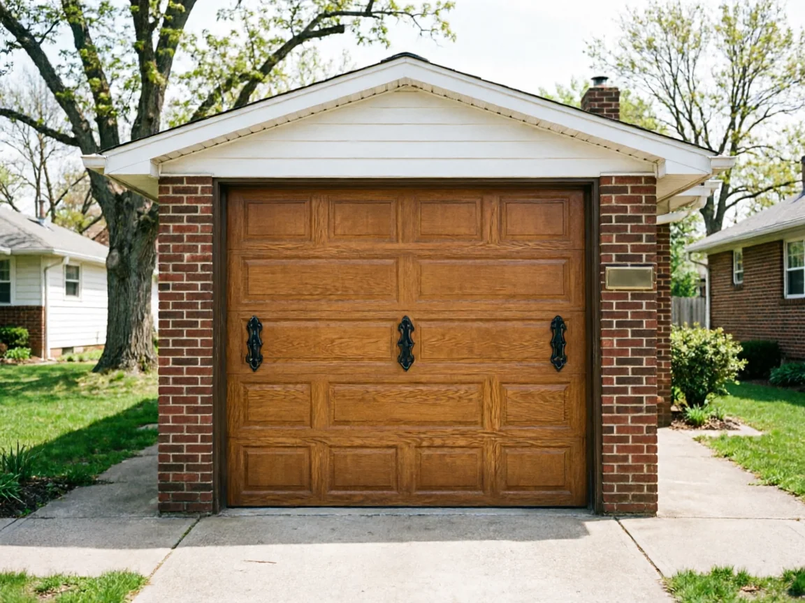 A brown paneled garage door with black handles on a brick garage.