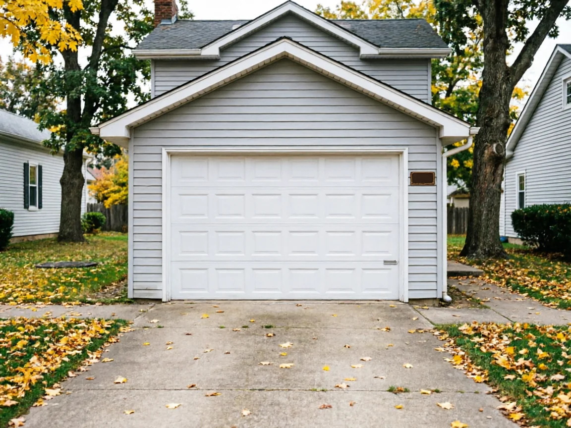 A white panel garage door on a light gray house with a concrete driveway.