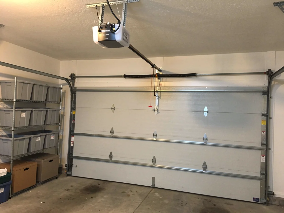 A white garage door is closed with an opener and a torsion spring visible.