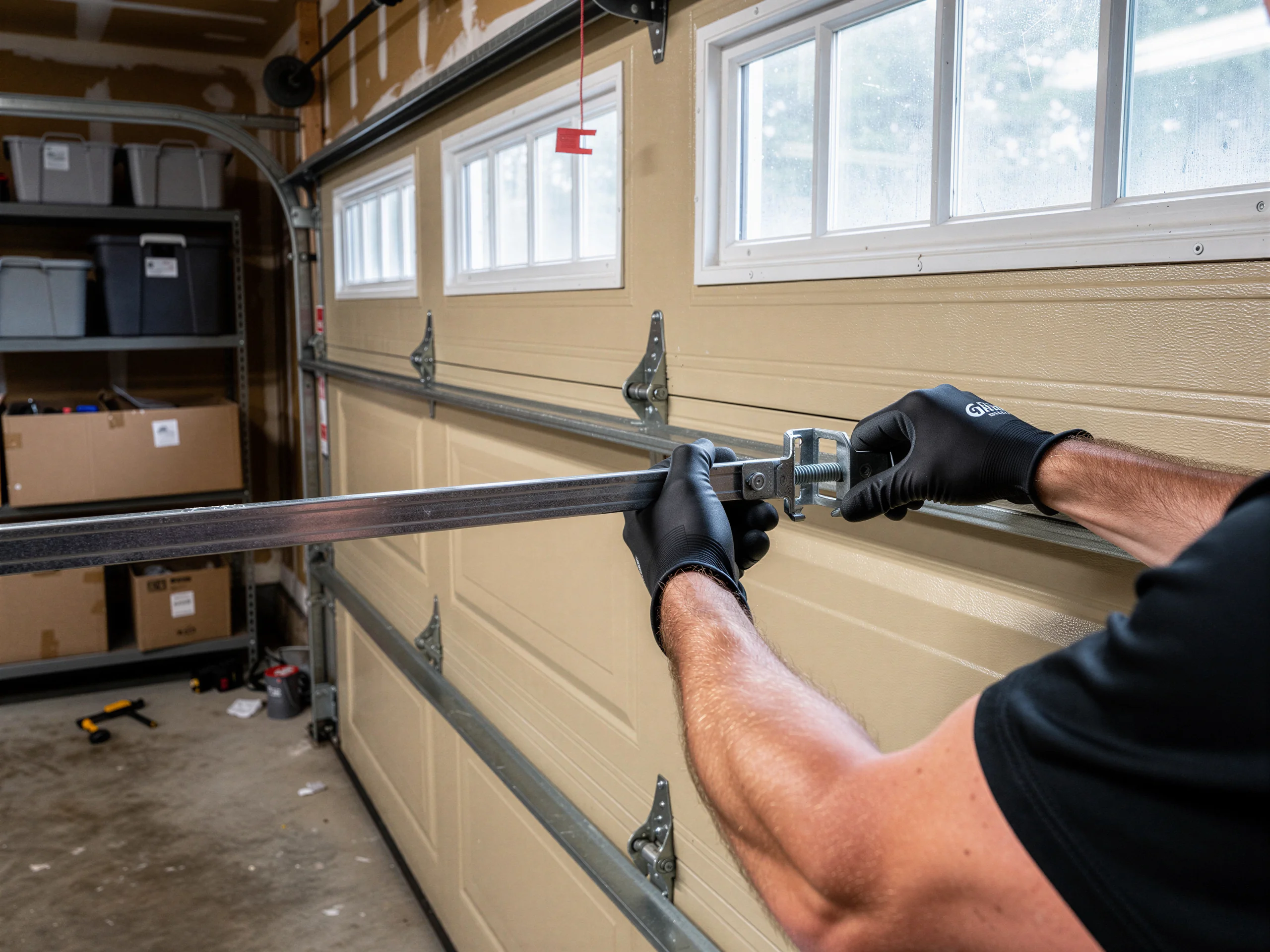 A technician in black gloves adjusts a metal garage door strut.